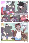  2019 4_toes 5_fingers anthro balls belly big_belly black_hair black_nose blush bottlebear brown_body brown_fur brown_hair chain chastity_cage chastity_device clothed clothing comic dialogue digital_drawing_(artwork) digital_media_(artwork) duo embarrassed english_text facial_piercing feet fingers fur genitals grey_body grey_fur hair hi_res humiliation jack_reid male male/male mammal marsupial mephitid multicolored_body multicolored_fur nose_piercing nose_ring nude open_mouth overweight overweight_male penis phalangeriform piercing skunk small_penis small_penis_humiliation text toes two_tone_body two_tone_fur underwear wallet white_body white_fur yellow_eyes 