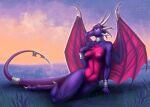  activision anthro athletic athletic_female breasts collar collar_only cynder digital_drawing_(artwork) digital_media_(artwork) dragon female field medium_breasts membrane_(anatomy) membranous_wings nipples nude patreon_exclusive pinup pinup_pose pose scalie shackles smile solo spyro_the_dragon sunny_way sunset tail_cuff video_games western_dragon wings 