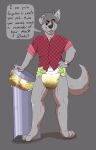  2019 4_toes 5_fingers anthro black_nose bottlebear brown_eyes canid canine canis clock clothed clothing dialogue diaper diaper_pail digital_drawing_(artwork) digital_media_(artwork) dominant dominant_male english_text feces feet filth filthy fingers fur grey_background grey_body grey_fur grey_hair hair hi_res jimmy_wuffster male mammal messy_diaper open_mouth red_clothing red_topwear scat simple_background smile soiling solo teeth text toes topwear watch wolf wristwatch 