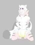  2018 anthro big_tail bodily_fluids bottlebear clothed clothing crossdressing diaper digital_drawing_(artwork) digital_media_(artwork) felid fur genital_fluids girly grey_background hair hi_res hypnosis infantilism kneeling legwear long_tail male mammal markings mind_control multicolored_body neck_bow open_mouth pacifier pantherine purple_eyes ringed_eyes simple_background soggy_diaper solo stripes tiger tongue urine wet_diaper wetting 