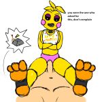  1:1 2021 animatronic anonymous_artist anthro bib black_sclera clothing crossed_arms dialogue duo english_text eyebrows eyelashes female five_nights_at_freddy&#039;s five_nights_at_freddy&#039;s_2 genitals grey_teeth hi_res human machine male male/female mammal metal_teeth open_mouth panties penis pink_clothing pink_panties pink_underwear robot sharp_teeth simple_background teeth text toy_chica_(fnaf) underwear video_games white_background white_eyes yellow_body 