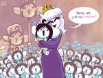  4:3 anthro blush boss_monster bovid canid canine caprine clothed clothing crown dialogue english_text felid feline fur group hair katelynntheg mammal open_mouth tem temmie_(undertale) text topwear toriel undertale video_games white_body white_fur 