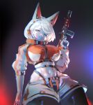 anthro big_breasts biped blue_eyes breasts eyebrows female fur futuristic gun hair headphones hi_res kemono looking_at_viewer low-angle_view ranged_weapon solo utterangle weapon white_body white_fur white_hair 