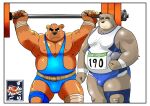  2014 anthro belly border brown_body bulge chuuta_(pixiv) clothed clothing duo exercise humanoid_hands kemono male mammal nipples overweight overweight_male shiba-kenta underwear ursid white_border workout wrestling_singlet 