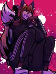  &lt;3 &lt;3_eyes abstract_background absurd_res allysia_(killy) anthro big_breasts bodily_fluids breasts canid canine clothing crouching drooling female fox gun hi_res looking_at_viewer low-angle_view mammal naughty_face rakugakism ranged_weapon saliva sharp_teeth solo teeth tracksuit weapon 
