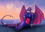 activision anthro athletic athletic_female breasts collar cynder digital_drawing_(artwork) digital_media_(artwork) dragon female field medium_breasts membrane_(anatomy) membranous_wings patreon_exclusive pinup pinup_pose pose scalie shackles smile solo spyro_the_dragon sunny_way sunset tail_cuff video_games western_dragon wings 