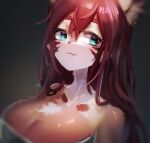  :3 anthro big_breasts biped blue_eyes breasts chest_tuft clothing eyebrows female hair hi_res inner_ear_fluff looking_sideways red_hair simple_background solo topwear tube_top tuft utterangle 