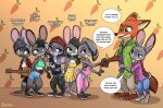  absurd_res anthro bottomwear breasts canid canine cleavage clothed clothing disney ear_piercing english_text fan_character female fox fur grey_body grey_fur group guitar hi_res judy_hopps lagomorph leporid male mammal musical_instrument nick_wilde orange_body orange_fur pants piercing plucked_string_instrument rabbit shirt shorts sibling siroc sister sisters string_instrument text topwear zootopia 