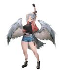  absurd_res animal_humanoid avian avian_humanoid belt big_breasts bottomwear breasts clothing cutoffs denim denim_clothing feathered_wings feathers female footwear gloves hair handwear hi_res humanoid looking_at_viewer not_furry raised_arm shoes shorts silver_hair simple_background smile solo tail_feathers utterangle white_background wings yellow_eyes 