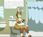  absurd_res anthro bathroom belly big_belly dirtydirtyhands english_text fur genitals hair hi_res lagomorph leporid male mammal nude penis phone rabbit smile solo teeth text toilet tongue 