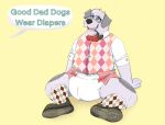  2019 anthro argyle_(pattern) barnaby_(overzen) biped black_nose bodily_fluids bottlebear bow_tie canid canine canis clothed clothing diaper digital_drawing_(artwork) digital_media_(artwork) domestic_dog drooling footwear fur grey_body grey_fur herding_dog hypnosis male mammal mature_male mind_control multicolored_body multicolored_fur offscreen_character old_english_sheepdog open_mouth overweight overweight_male pastoral_dog saliva sheepdog simple_background smoking_pipe socks solo spiral_eyes tongue tongue_out topwear two_tone_body two_tone_fur vest yellow_background 