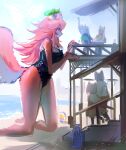  anthro ball beach beach_ball beverage biped clothing group hair hi_res inflatable inner_ear_fluff macro male orange_eyes outside raised_arm red_hair sand seaside size_difference sky smile swim_ring swimwear tuft utterangle 