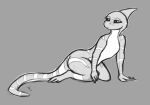  3_toes 4_fingers anthro butt countershade_tail countershade_torso countershading feet female fingers frill_(anatomy) greyscale hand_on_ground hand_on_knee hand_on_leg hi_res kneeling lizard long_tail looking_away monochrome narrowed_eyes pinup pose reptile scalie simple_background solo stripes tangylizard thick_tail toes 