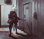  anthro bag biped blood blood_on_clothing blood_on_face blood_on_weapon bloody_footprint bodily_fluids chromatic_aberration clothing door female footprint gun hair hallway hi_res ranged_weapon russian_text solo spot_color text translated utterangle weapon white_hair 