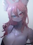  anthro biped blue_eyes bra chest_tuft clothed clothing eyebrow_through_hair eyebrows female hair heterochromia hi_res inner_ear_fluff kemono looking_at_viewer off_shoulder pink_hair raised_eyebrow red_eyes simple_background solo translucent translucent_hair tuft underwear utterangle 