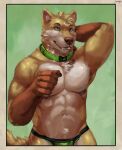  2021 5_fingers anthro canid canine canis clothed clothing collar digital_media_(artwork) dingo fingers fur hand_behind_head hi_res jockstrap juiceps looking_at_viewer male mammal navel oasus pecs portrait smile solo tan_body tan_fur teeth three-quarter_portrait topless topless_male underwear 