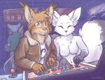  2021 anthro arcade arcade_machine bobcat breasts brown_body brown_eyes brown_fur canid canine casual_nudity clothed clothing detailed_background digital_media_(artwork) duo featureless_breasts felid feline female fox fur jacket lynx male mammal neo_geo smile topless topwear unimpressive_(artist) 