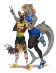  african_wild_dog anthro athletic better_version_at_source big_ears black_nose bottomwear bracelet canid canine clothing crop_top duo emille_selachi english_text eyes_closed fari_paredes female fish flat_chested footwear fur fur_pattern fuzzy_tail gesture gills grey_body grin hair hi_res huge_tail hybrid jersey jewelry larger_female leggings legwear male male/female mammal marine multicolored_body multicolored_fur nike olympics orange_eyes orange_hair shark shirt shoes shorts sidecut size_difference smaller_male smile sneakers takiroku-sama text thick_thighs topwear v_sign 