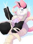  3:4 anthro areola bandage big_breasts blue_background blue_eyes breasts female fur hi_res mammal multicolored_body multicolored_fur rodent simple_background solo thick_thighs xenochelle 
