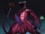  abs altagrin balls bodily_fluids candy claws demon dessert dripping erection eyeless fangs food forked_tail genital_fluids genitals halo holding_candy holding_food holding_object horn humanoid lollipop low-angle_view male monster moon muscular muscular_male night nipples nude pecs penis precum precum_drip precum_on_penis precum_on_self red_body red_skin saliva saliva_on_tongue salivating solo tongue tongue_out 