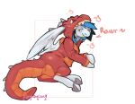  2021 anthro blue_hair blush dialogue dragon equid equine feathered_wings feathers hair hi_res hooves horn male mammal multicolored_body multicolored_scales one_eye_closed onesie onomatopoeia orange_body orange_scales pegasus reclining red_body red_eyes red_scales redponei scales signature simple_background smile solo sound_effects spikes text two_tone_body two_tone_scales white_background white_body white_feathers white_wings wings wink 