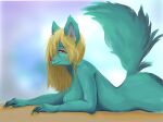  4:3 anthro beach blonde_hair breasts canid canine canis claws digital_media_(artwork) female fur green_body green_fur hair hair_over_eye jchino lying mammal nude on_front one_eye_obstructed outside raised_tail red_eyes red_nose sa_riel seaside smile solo video_games wolf 