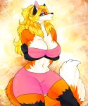  absurd_res anthro blonde_hair blue_eyes bottomwear breasts canid canine cassielink clothing crossed_arms eyeshadow female fluffy fluffy_tail fox hair hi_res invalid_tag legs long_hair looking_at_viewer makeup mammal pinup pose shorts solo 