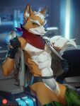  3:4 abs anthro briefs canid canine clothed clothing fox fox_mccloud gloves handwear hi_res jacket male mammal muscular muscular_male nintendo pants_down partially_clothed patto pecs scarf smile smirk solo star_fox topwear underwear undressing video_games 