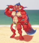  2021 4_toes absurd_res beach big_biceps big_bulge big_pecs big_quads big_tail blue_body blue_fur blue_markings blue_nipples blue_pubes blue_tail bottomwear bristol bulge cheek_tuft clothing colored day digitigrade dipstick_tail facial_tuft feet flexing flexing_bicep fluffy fluffy_tail front_view fur gnar_(lol) hi_res huge_bulge league_of_legends looking_at_viewer male mammal manly markings mega_gnar_(lol) multicolored_tail muscular muscular_male nipples obliques open_mouth open_smile outside pecs pose public purple_nose quads red_body red_fur red_tail riot_games sea seaside serratus shaded sky smile solo swimwear tail_markings toes topless_male tuft two_tone_tail video_games water white_bottomwear white_clothing white_speedo white_swimwear yellow_eyes yordle 