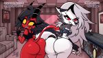  16:9 anthro ass_to_ass big_butt bottomless breasts butt canid canid_demon clothed clothing collar demon female female/female fur hellhound helluva_boss hi_res humanoid imp loona_(vivzmind) mammal millie_(vivzmind) mirak0 red_body semirulalmite spiked_collar spikes white_body white_fur widescreen 