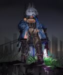  anthro biped blue_eyes blush city city_background clothed clothing eyebrows female footwear fur futuristic grass gun hair hi_res looking_at_viewer low-angle_view plant ranged_weapon shoes solo utterangle weapon white_body white_fur white_hair 