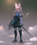  accessory anthro biped blush bow_tie chromatic_aberration clothed clothing felid female footwear gun hair hair_accessory hairpin hi_res long_socks looking_at_viewer mammal melee_weapon ranged_weapon shoes sky solo sword utterangle weapon white_hair 