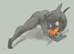  2021 anthro arched_back ass_up bent_over big_butt butt colored_nails curled_tail ear_fins emille_selachi female fin fish flat_chested grey_background grey_body hair hi_res huge_tail hybrid jack-o&#039;_pose marine nails nude orange_eyes orange_hair pose presenting presenting_hindquarters raised_tail shark simple_background smile solo spread_legs spreading stretching thick_thighs twistedteeth wide_stance 
