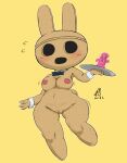  animal_crossing anthro blush breasts censored coco_(animal_crossing) collar cottontail female genitals gyroid hi_res lagomorph leporid mammal mostly_nude nintendo pussy rabbit simple_background solo tray video_games 