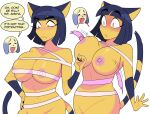  absurd_res animal_crossing ankha_(animal_crossing) anthro bandage barely_contained big_breasts blood blush bodily_fluids breasts clothed clothing domestic_cat duo english_text felid feline felis female fur hi_res idolomantises looking_down mammal nintendo nipples nosebleed nude partially_clothed simple_background speech_bubble text torn_clothing video_games yellow_body yellow_fur 