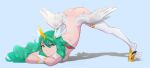  absurd_res aeveno_(artist) blue_background clothing feathered_wings feathers female green_eyes green_hair hair hi_res hooves horn horned_humanoid humanoid jack-o&#039;_pose league_of_legends legwear pose riot_games simple_background solo soraka stockings video_games white_clothing white_legwear white_stockings wings 