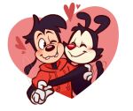  &lt;3 animaniacs anthro blush canid canine canis clothed clothing disney domestic_dog duo eyes_closed gloves goof_troop handwear happy holding_person hug inkblot lacosesa looking_at_another love male male/male mammal max_goof one_eye_closed simple_background smile tailwag warner_brothers yakko_warner 