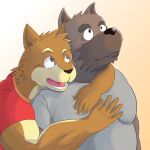  1:1 2010 anthro black_nose blush brown_body brown_fur canid canine canis chuuta_(pixiv) clothing domestic_dog duo fur hug hugging_from_behind humanoid_hands kemono male male/male mammal overweight overweight_anthro overweight_male shirt simple_background slightly_chubby topwear 