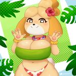  1:1 absurd_res animal_crossing anthro big_breasts blonde_hair blush breasts canid canine canis cleavage clothed clothing domestic_dog female gammainks hair hi_res isabelle_(animal_crossing) looking_at_viewer mammal nintendo shih_tzu smile solo toy_dog video_games wide_hips 