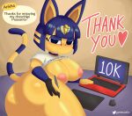  &lt;3 absurd_res animal_crossing ankha_(animal_crossing) anthro big_breasts blush bottomless breasts butt clothed clothing computer domestic_cat drawing_tablet english_text felid feline felis female gammainks hi_res huge_breasts laptop looking_at_viewer lying mammal nintendo on_front raised_clothing raised_shirt raised_topwear shirt solo text topwear video_games 