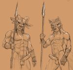  abs anthro armlet armor athletic balls biceps bovid canid canine canis caprine casual_nudity duo erection genitals goat growling headgear helmet looking_at_viewer male male/male mammal marsonaut melee_weapon muscular muscular_male nude pecs polearm spear straps visor warrior weapon wolf 