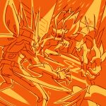  1:1 2019 armor arthropod blades demon digital_drawing_(artwork) digital_media_(artwork) duo electricity electricity_manipulation elemental_manipulation eyewear fangs glasses hi_res humanoid insect ionicisaac looking_at_another male mantis manto_rider muscular muscular_male orange_background raining scarf simple_background spade_tail 