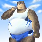  1:1 2010 anthro belly black_nose bottomwear brown_body brown_fur bulge chuuta_(pixiv) clothing fur kemono male mammal outside overweight overweight_male shirt shorts solo topwear ursid 