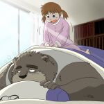  1:1 2011 anthro bed bedding blanket blush child chuuta_(pixiv) duo eyewear furniture glasses human humanoid_hands inside kemono lying male mammal overweight overweight_male pillow sitting tired ursid young young_female 