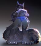  absurd_res anthro big_breasts biped bottomwear breasts claws clothing cutoffs denim denim_clothing eyebrows female fur grey_body grey_fur hi_res low-angle_view navel one_eye_obstructed paws purple_eyes shorts simple_background solo under_boob utterangle 
