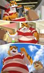  2010 3:5 anthro belly bodily_fluids canid canine chuuta_(pixiv) clothing comic duo eyes_closed felid humanoid_hands kemono male mammal outside overweight overweight_male pantherine raccoon_dog shirt sitting sweat tanuki tiger topwear 