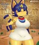  animal_crossing ankha_(animal_crossing) anthro big_breasts breasts clothed clothing domestic_cat egyptian english_text felid feline felis female frown gammainks hand_on_hip hi_res huge_breasts looking_at_viewer mammal nintendo solo text video_games 