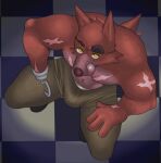  4_fingers anthro back_muscles biceps big_bulge bird&#039;s-eye_view bottomwear bulge canid canine checkered_floor clothed clothing eye_patch eyewear fingers five_nights_at_freddy&#039;s fleshformomo footwear fox foxy_(fnaf) hi_res high-angle_view hook_hand licking licking_lips looking_at_viewer looking_up male mammal muscular muscular_anthro muscular_male muscular_thighs navel pants pecs quads scar shirtless shoes solo tight_bottomwear tight_clothing tight_pants tongue tongue_out topless video_games yellow_eyes 