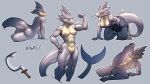  16:9 abs all_fours anthro breasts butt digital_media_(artwork) female fish flexing genitals grey_body grey_scales hi_res kawfee marine multiple_poses muscular muscular_arms muscular_female navel nipples non-mammal_breasts nude pose pussy raised_leg scales shaded shark simple_background smile solo widescreen 