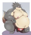  2021 anthro belly big_belly black_nose blush bulge burenai canid canine canis clothing domestic_dog grey_body hi_res humanoid_hands kemono male mammal moobs navel nipples obese obese_male overweight overweight_male shino_(housamo) solo tokyo_afterschool_summoners underwear video_games 